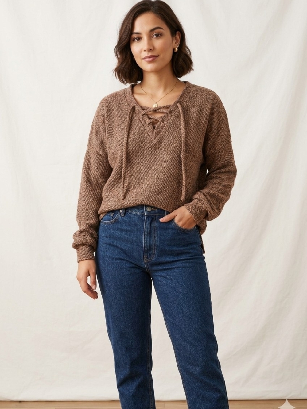 Women's Brown Lace-Up V-Neck Sweater